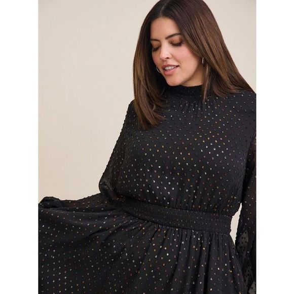 Torrid Women's Plus Sz 3 (3X) Deep Black Mini Clip Dot Blouson Sleeve Dress $86 - Picture 16 of 16